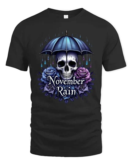 November Rain Skull Umbrella Gothic Rose Graphic T Shirt - black t-shirt on white background