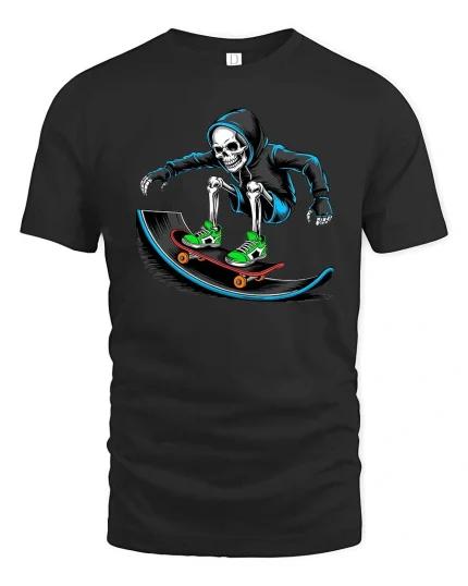 Skateboarding Skeleton Street Style Skater Graphic T Shirt - black t-shirt on white background