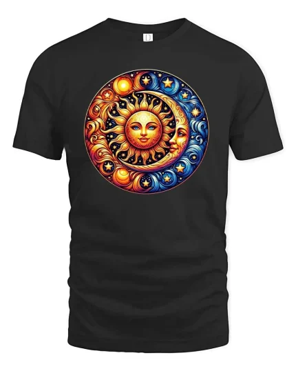 Sun and Moon Celestial Cosmic Harmony Graphic T Shirt - black t-shirt on white background