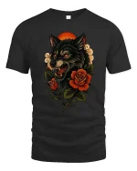 Fierce Wolf Head With Roses Dark Nature Graphic T Shirt - black t-shirt on white background
