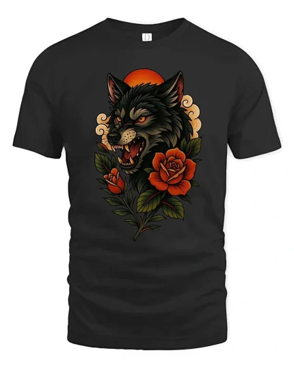 Fierce Wolf Head With Roses Dark Nature Graphic T Shirt - black t-shirt on white background