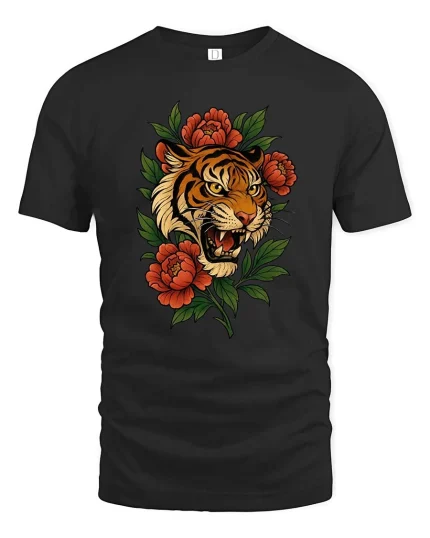 Fierce Tiger Head With Flowers Wild Nature Graphic T Shirt - black t-shirt on white background
