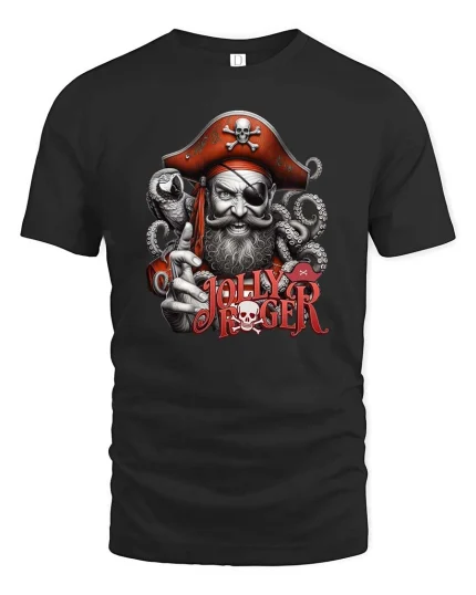 Jolly Roger Pirate Captain Skull Graphic T Shirt - black t-shirt on white background