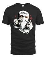 Believe Masked Street Rebel Urban Graphic T Shirt - black t-shirt on white background