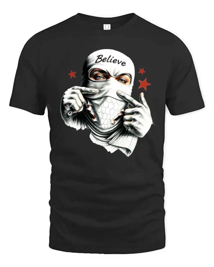 Believe Masked Street Rebel Urban Graphic T Shirt - black t-shirt on white background