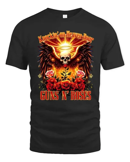 Angel Wing Skull Roses Rock Inspired Graphic T Shirt Design - black t-shirt on white background