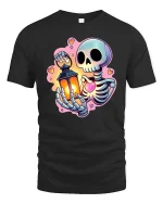 Cute Skeleton Holding Lantern and Heart Cartoon Graphic Tee - black t-shirt on white background