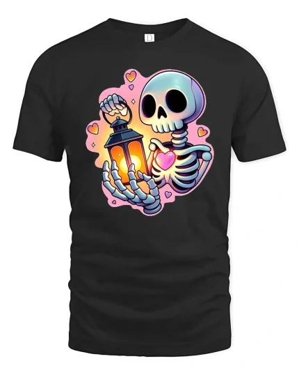 Cute Skeleton Holding Lantern and Heart Cartoon Graphic Tee - black t-shirt on white background