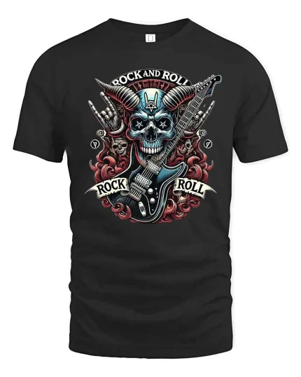 Rock And Roll Skull Guitar Heavy Metal Graphic T Shirt Art - black t-shirt on white background