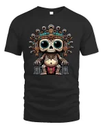 Cute Ancient Skull King Cartoon Aztec Style Graphic T Shirt - black t-shirt on white background