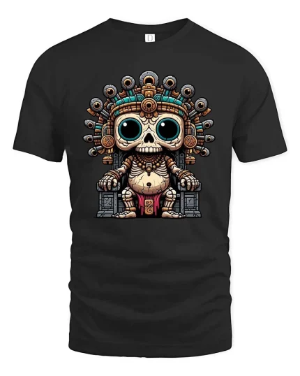 Cute Ancient Skull King Cartoon Aztec Style Graphic T Shirt - black t-shirt on white background