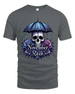 November Rain Skull Umbrella Gothic Rose Graphic T Shirt - gray t-shirt on white background