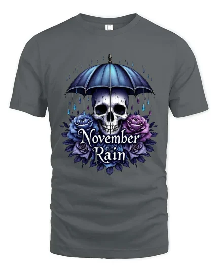 November Rain Skull Umbrella Gothic Rose Graphic T Shirt - gray t-shirt on white background