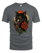 Fierce Wolf Head With Roses Dark Nature Graphic T Shirt - gray t-shirt on white background