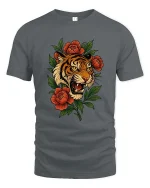 Fierce Tiger Head With Flowers Wild Nature Graphic T Shirt - gray t-shirt on white background