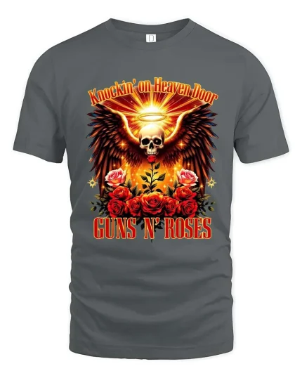 Angel Wing Skull Roses Rock Inspired Graphic T Shirt Design - gray t-shirt on white background