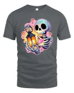 Cute Skeleton Holding Lantern and Heart Cartoon Graphic Tee - gray t-shirt on white background