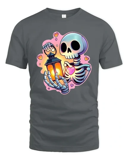 Cute Skeleton Holding Lantern and Heart Cartoon Graphic Tee - gray t-shirt on white background
