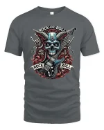 Rock And Roll Skull Guitar Heavy Metal Graphic T Shirt Art - gray t-shirt on white background