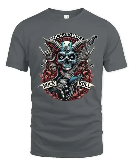 Rock And Roll Skull Guitar Heavy Metal Graphic T Shirt Art - gray t-shirt on white background
