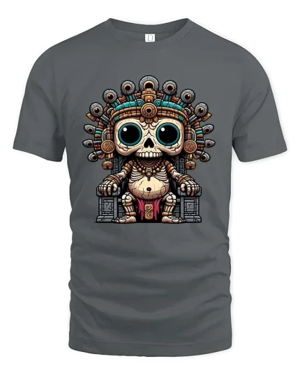 Cute Ancient Skull King Cartoon Aztec Style Graphic T Shirt - gray t-shirt on white background