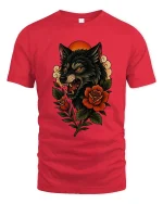 Fierce Wolf Head With Roses Dark Nature Graphic T Shirt - red t-shirt on white background