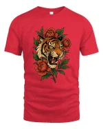 Fierce Tiger Head With Flowers Wild Nature Graphic T Shirt - red t-shirt on white background