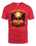 Angel Wing Skull Roses Rock Inspired Graphic T Shirt Design - red t-shirt on white background