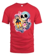 Cute Skeleton Holding Lantern and Heart Cartoon Graphic Tee - red t-shirt on white background