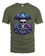 November Rain Skull Umbrella Gothic Rose Graphic T Shirt - military green t-shirt on white background
