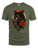 Fierce Wolf Head With Roses Dark Nature Graphic T Shirt - military green t-shirt on white background