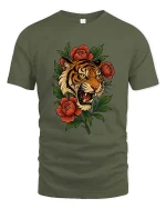 Fierce Tiger Head With Flowers Wild Nature Graphic T Shirt - military green t-shirt on white background