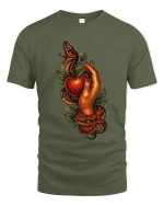 Snake And Apple Temptation Dark Tattoo Style Graphic T Shirt - military green t-shirt on white background