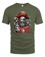 Jolly Roger Pirate Captain Skull Graphic T Shirt - military green t-shirt on white background