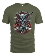Rock And Roll Skull Guitar Heavy Metal Graphic T Shirt Art - military green t-shirt on white background