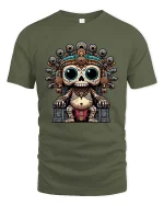 Cute Ancient Skull King Cartoon Aztec Style Graphic T Shirt - military green t-shirt on white background