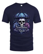 November Rain Skull Umbrella Gothic Rose Graphic T Shirt - navy t-shirt on white background