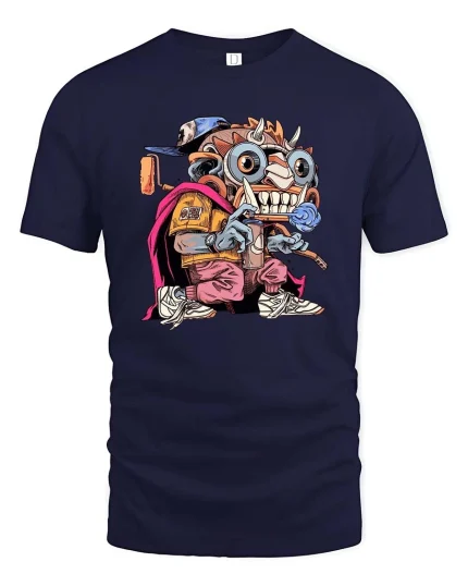Crazy Street Monster Cartoon Urban Graffiti Graphic T Shirt - navy t-shirt on white background