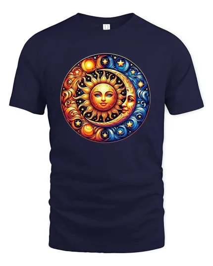Sun and Moon Celestial Cosmic Harmony Graphic T Shirt - navy t-shirt on white background