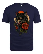 Fierce Wolf Head With Roses Dark Nature Graphic T Shirt - navy t-shirt on white background