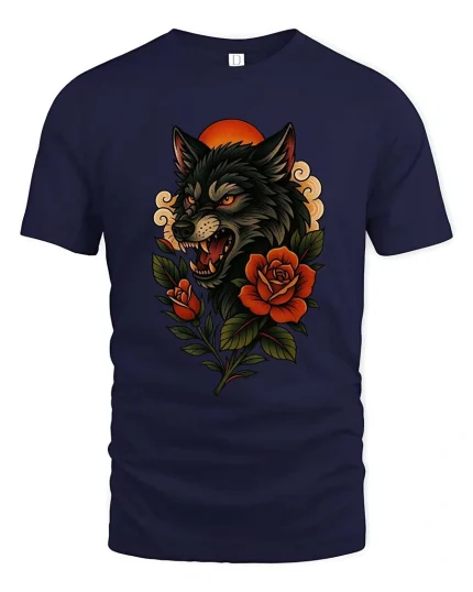 Fierce Wolf Head With Roses Dark Nature Graphic T Shirt - navy t-shirt on white background