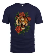 Fierce Tiger Head With Flowers Wild Nature Graphic T Shirt - navy t-shirt on white background