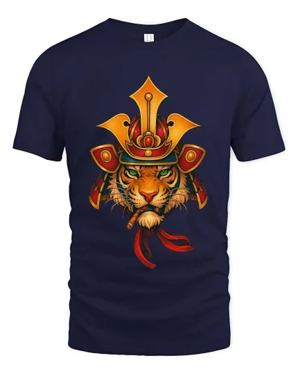 Samurai Tiger Warrior Japanese Style Graphic T Shirt - navy t-shirt on white background