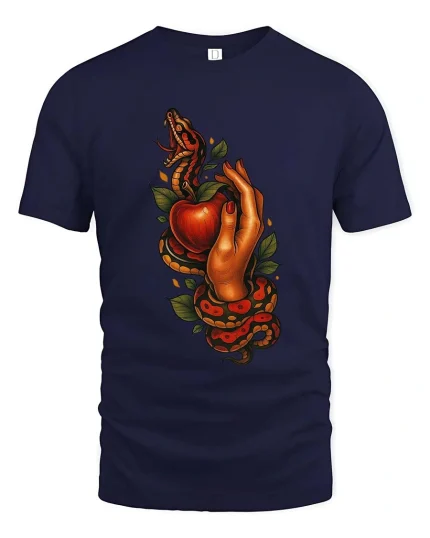 Snake And Apple Temptation Dark Tattoo Style Graphic T Shirt - navy t-shirt on white background