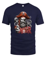 Jolly Roger Pirate Captain Skull Graphic T Shirt - navy t-shirt on white background