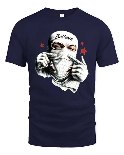 Believe Masked Street Rebel Urban Graphic T Shirt - navy t-shirt on white background