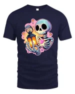 Cute Skeleton Holding Lantern and Heart Cartoon Graphic Tee - navy t-shirt on white background