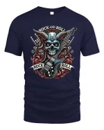 Rock And Roll Skull Guitar Heavy Metal Graphic T Shirt Art - navy t-shirt on white background