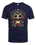 Cute Ancient Skull King Cartoon Aztec Style Graphic T Shirt - navy t-shirt on white background