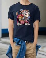 Crazy Street Monster Cartoon Urban Graffiti Graphic T Shirt - model wearing navy tee with hands in pockets
